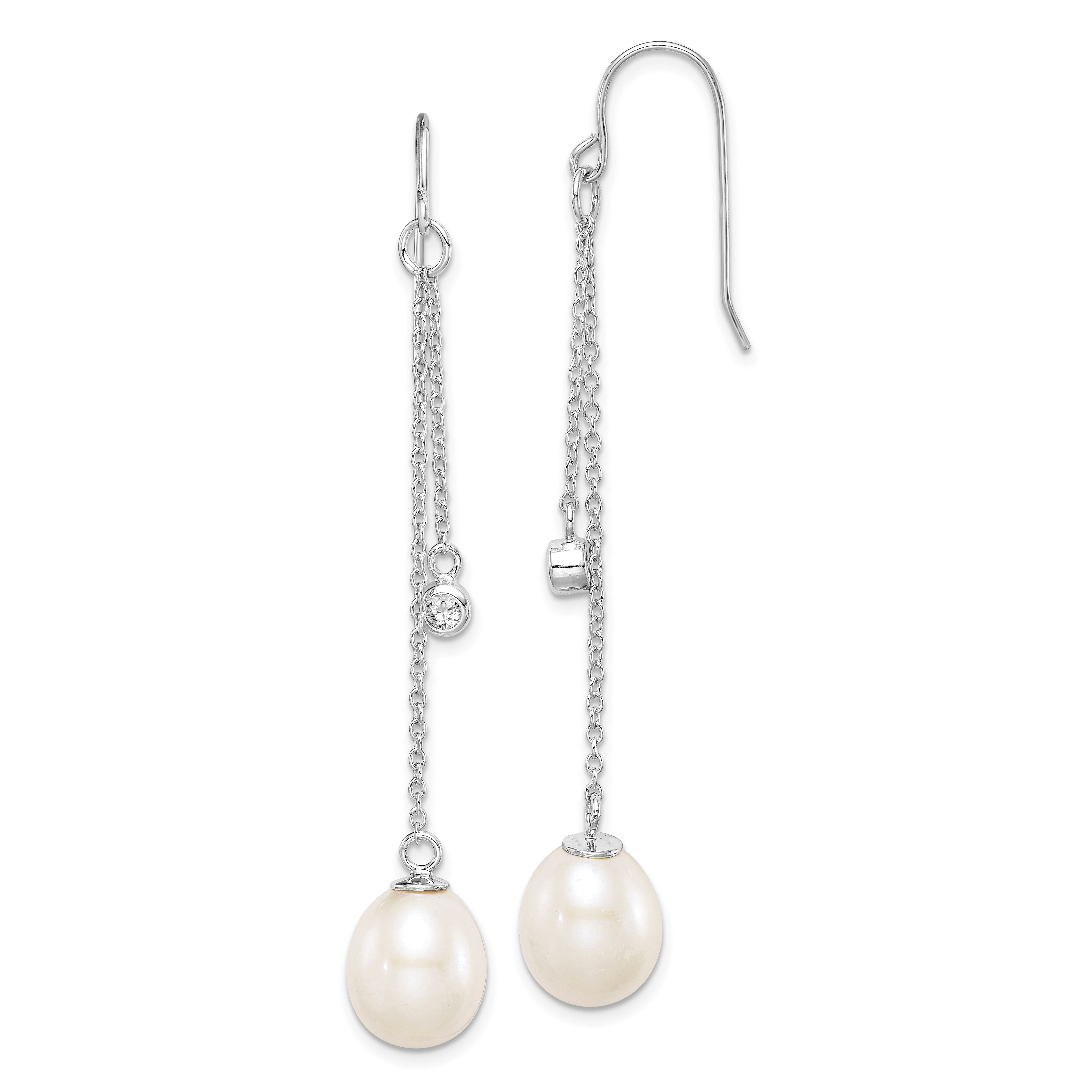 Sterling Silver Rhodium-plated 9-10mm White Teardrop Freshwater Cultured Pearl and CZ Dangle Earrings (QE15396)