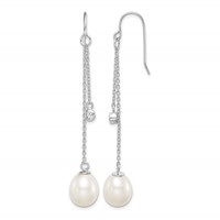 Sterling Silver Rhodium-plated 9-10mm White Teardrop Freshwater Cultured Pearl and CZ Dangle Earrings view 1
