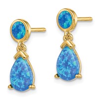 Sterling Silver Gold-tone Created Blue Opal Teardrop Post Dangle Earrings view 2