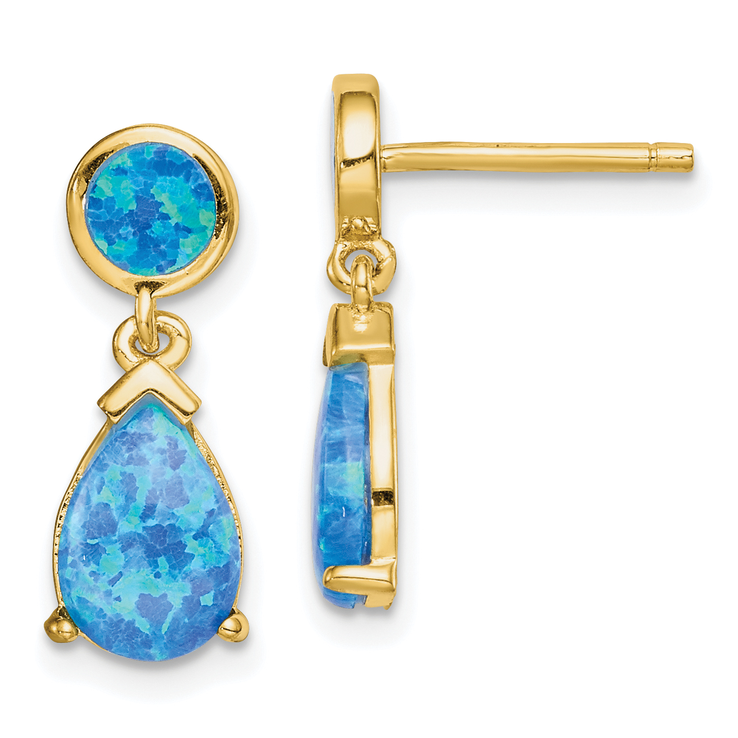 Sterling Silver Gold-tone Created Blue Opal Teardrop Post Dangle Earrings (QE15397)