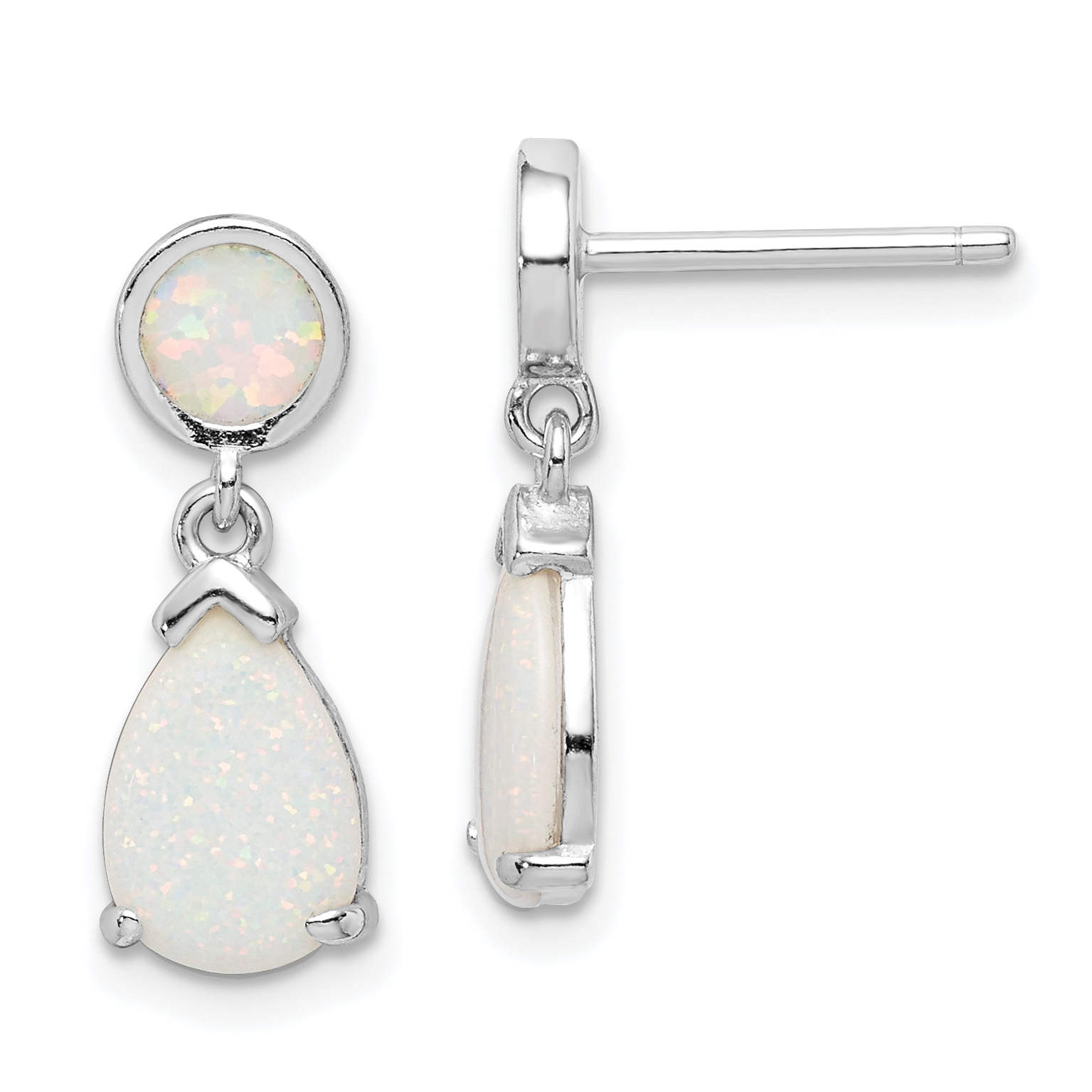 Sterling Silver Rhod-plated Created Opal Teardrop Post Dangle Earrings (QE15400)