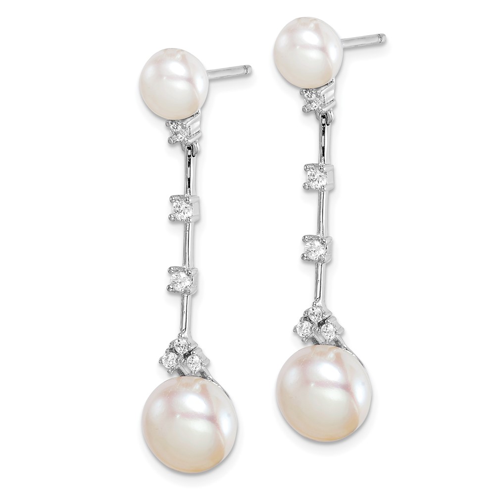 Sterling Silver Rhodium-plated CZ FWC Button Pearl Dangle Post Earrings (QE15402)