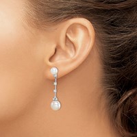 Sterling Silver Rhodium-plated CZ Fwc Button Pearl Dangle Post Earrings view 3