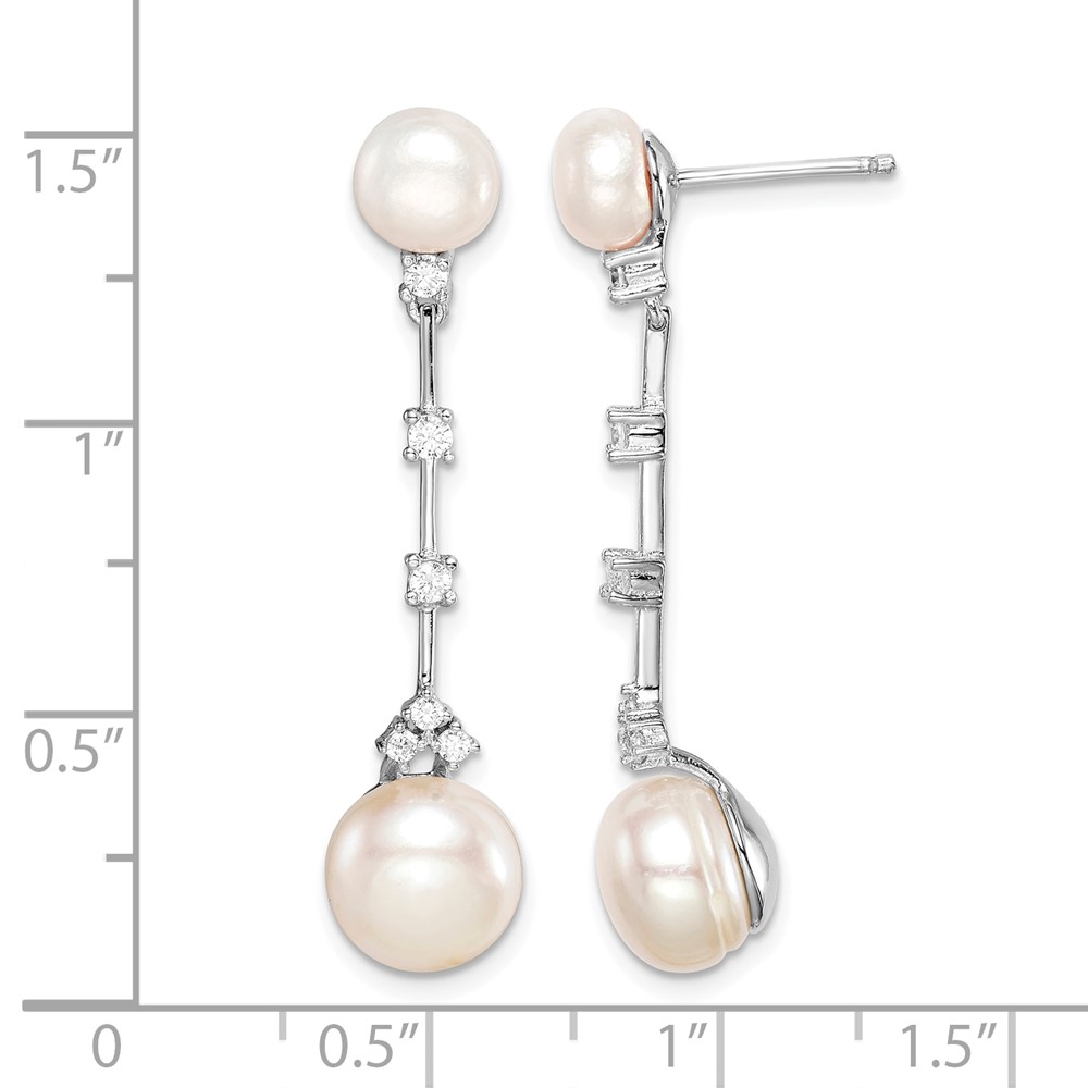 Sterling Silver Rhodium-plated CZ FWC Button Pearl Dangle Post Earrings (QE15402)