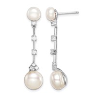 Sterling Silver Rhodium-plated CZ Fwc Button Pearl Dangle Post Earrings view 1