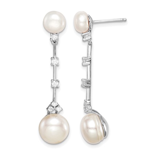 Sterling Silver Rhodium-plated CZ Fwc Button Pearl Dangle Post Earrings