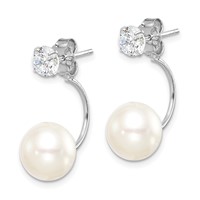 Sterling Silver Rhodium-plated 9-10mm White Button Freshwater Cultured Pearl and CZ Front and Back Post Dangle Earrings view 2