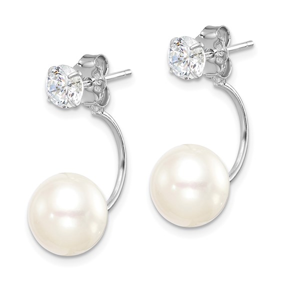 Sterling Silver Rhodium-plated 9-10mm White Button Freshwater Cultured Pearl and CZ Front and Back Post Dangle Earrings