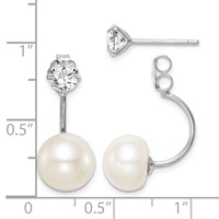 Sterling Silver Rhodium-plated 9-10mm White Button Freshwater Cultured Pearl and CZ Front and Back Post Dangle Earrings view 4