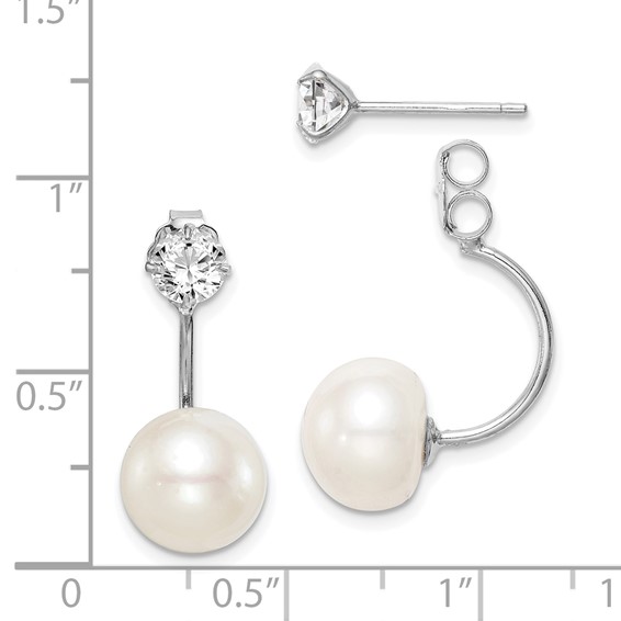 Sterling Silver Rhodium-plated 9-10mm White Button Freshwater Cultured Pearl and CZ Front and Back Post Dangle Earrings