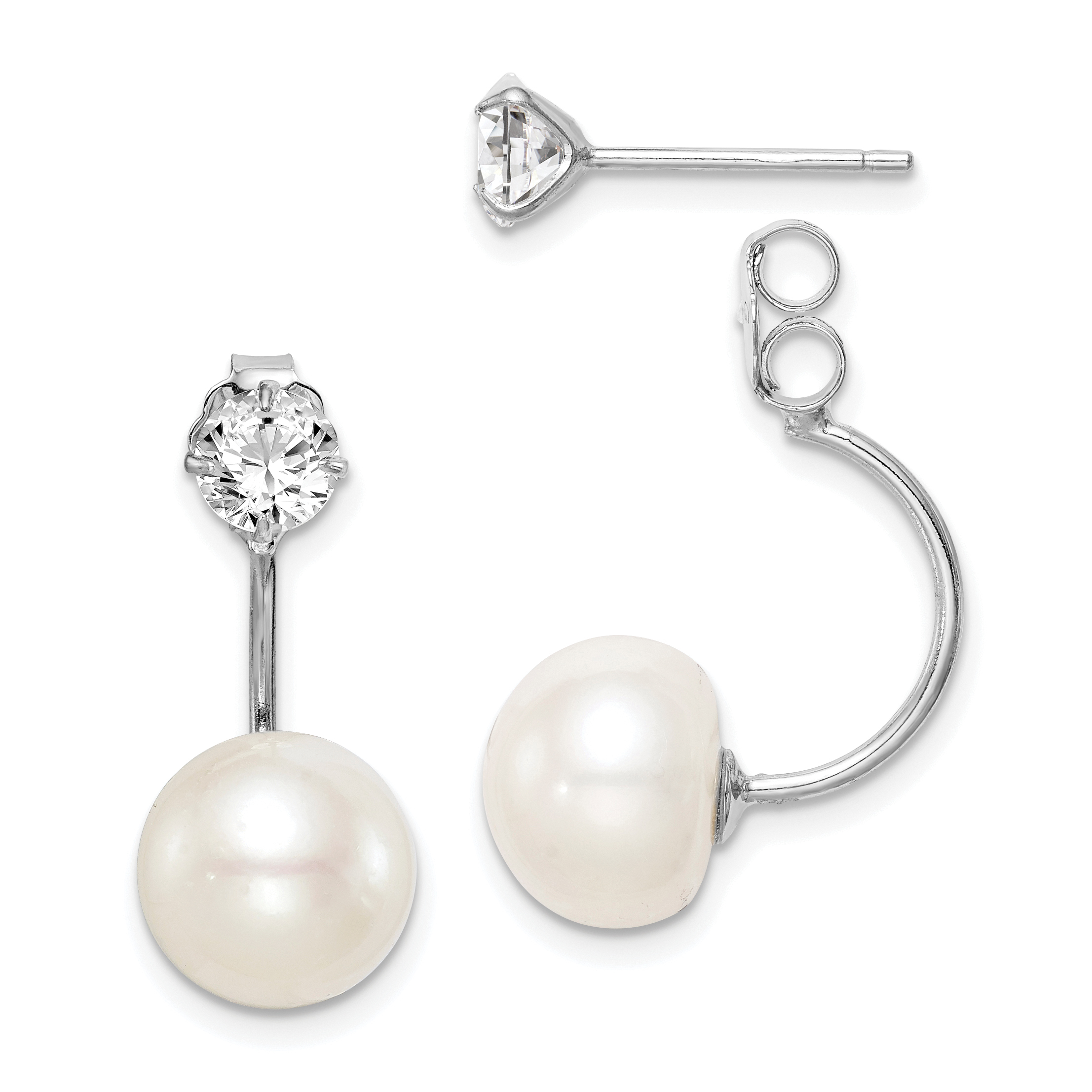Sterling Silver Rhodium-plated 9-10mm White Button Freshwater Cultured Pearl and CZ Front and Back Post Dangle Earrings (QE15408)