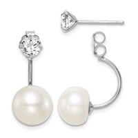 Sterling Silver Rhodium-plated 9-10mm White Button Freshwater Cultured Pearl and CZ Front and Back Post Dangle Earrings view 1