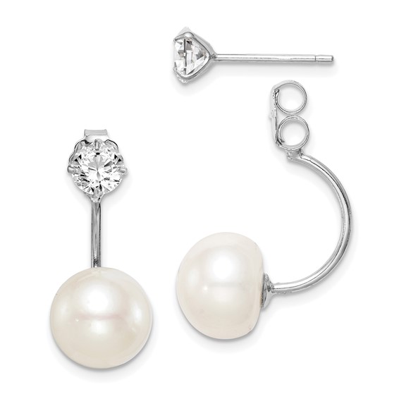 Sterling Silver Rhodium-plated 9-10mm White Button Freshwater Cultured Pearl and CZ Front and Back Post Dangle Earrings