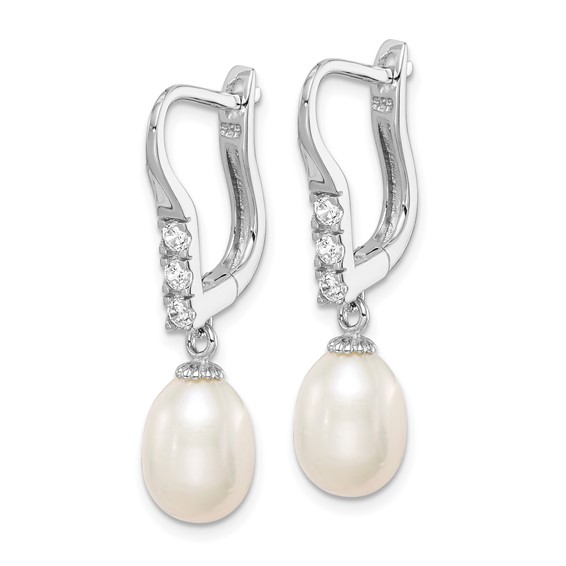 Sterling Silver Rhodium-plated 7-8mm Rice FWC Pearl CZ Dangle Earrings