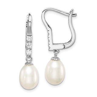 Sterling Silver Rhodium-plated 7-8mm Rice FWC Pearl CZ Dangle Earrings