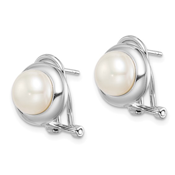Sterling Silver Rhodium-plated 8-9mm White Button Freshwater Cultured Pearl Omega Back Earrings