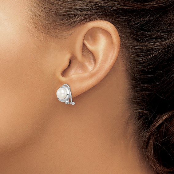 Sterling Silver Rhodium-plated 8-9mm White Button Freshwater Cultured Pearl Omega Back Earrings