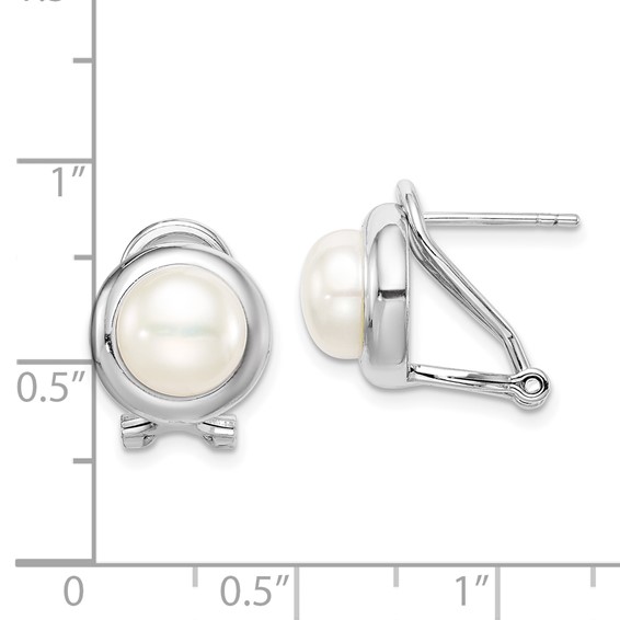 Sterling Silver Rhodium-plated 8-9mm White Button Freshwater Cultured Pearl Omega Back Earrings