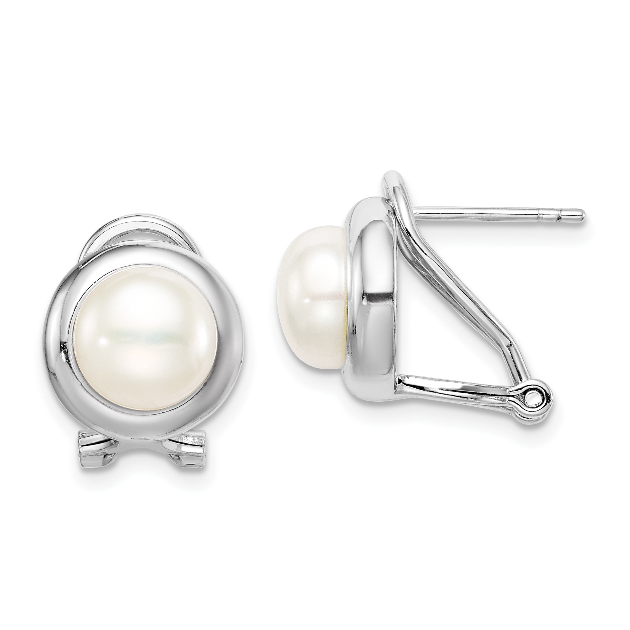 Sterling Silver Rhodium-plated 8-9mm White Button Freshwater Cultured Pearl Omega Back Earrings (QE15417)