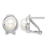 Sterling Silver Rhodium-plated 8-9mm White Button Freshwater Cultured Pearl Omega Back Earrings view 1