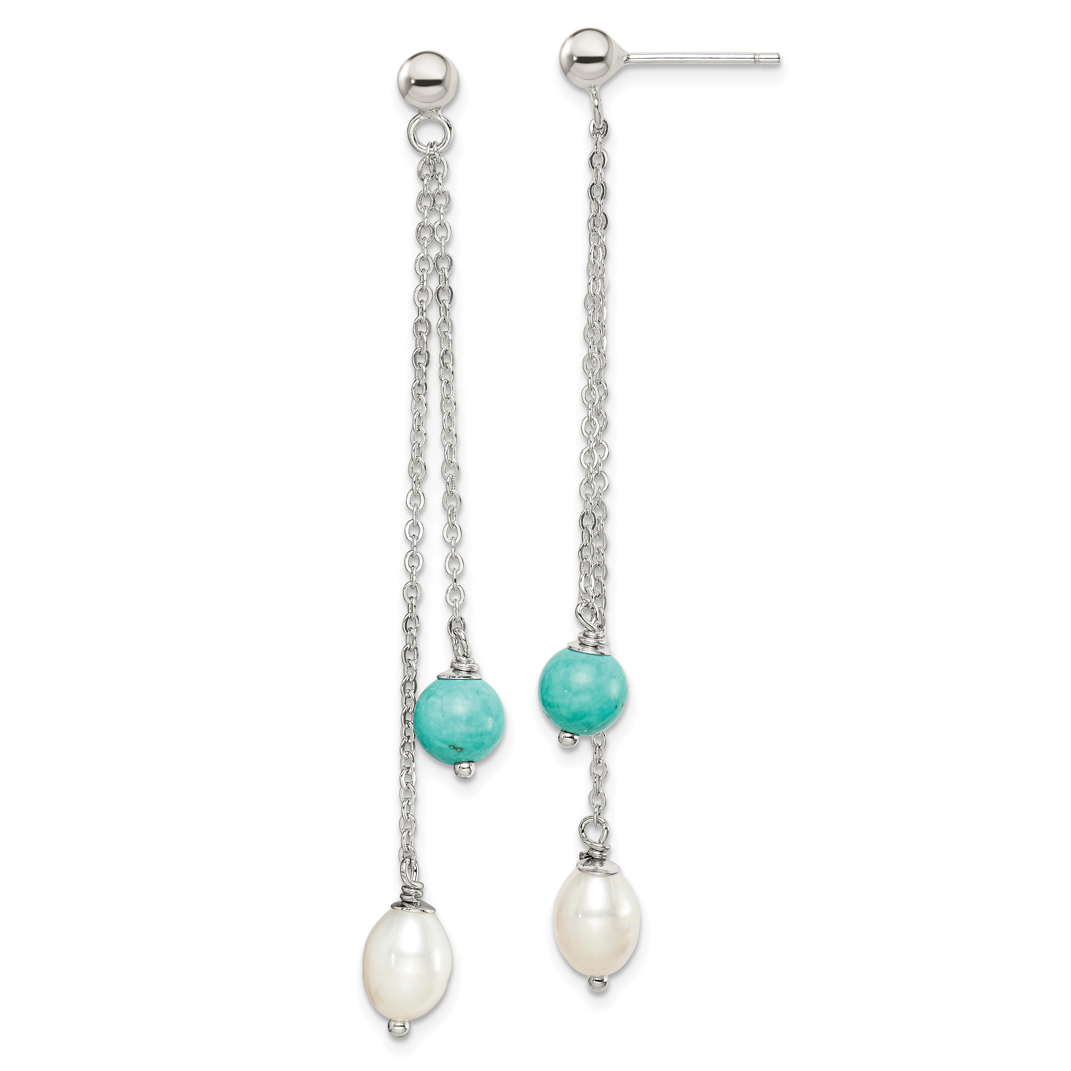 Sterling Silver Rhod-pltd Turquoise/FWC Pearl Chain Post Dangle Earrings (QE15419)