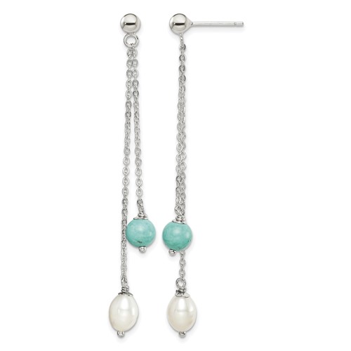 Sterling Silver Rhod-pltd Turquoise Fwc Pearl Chain Post Dangle Earrings