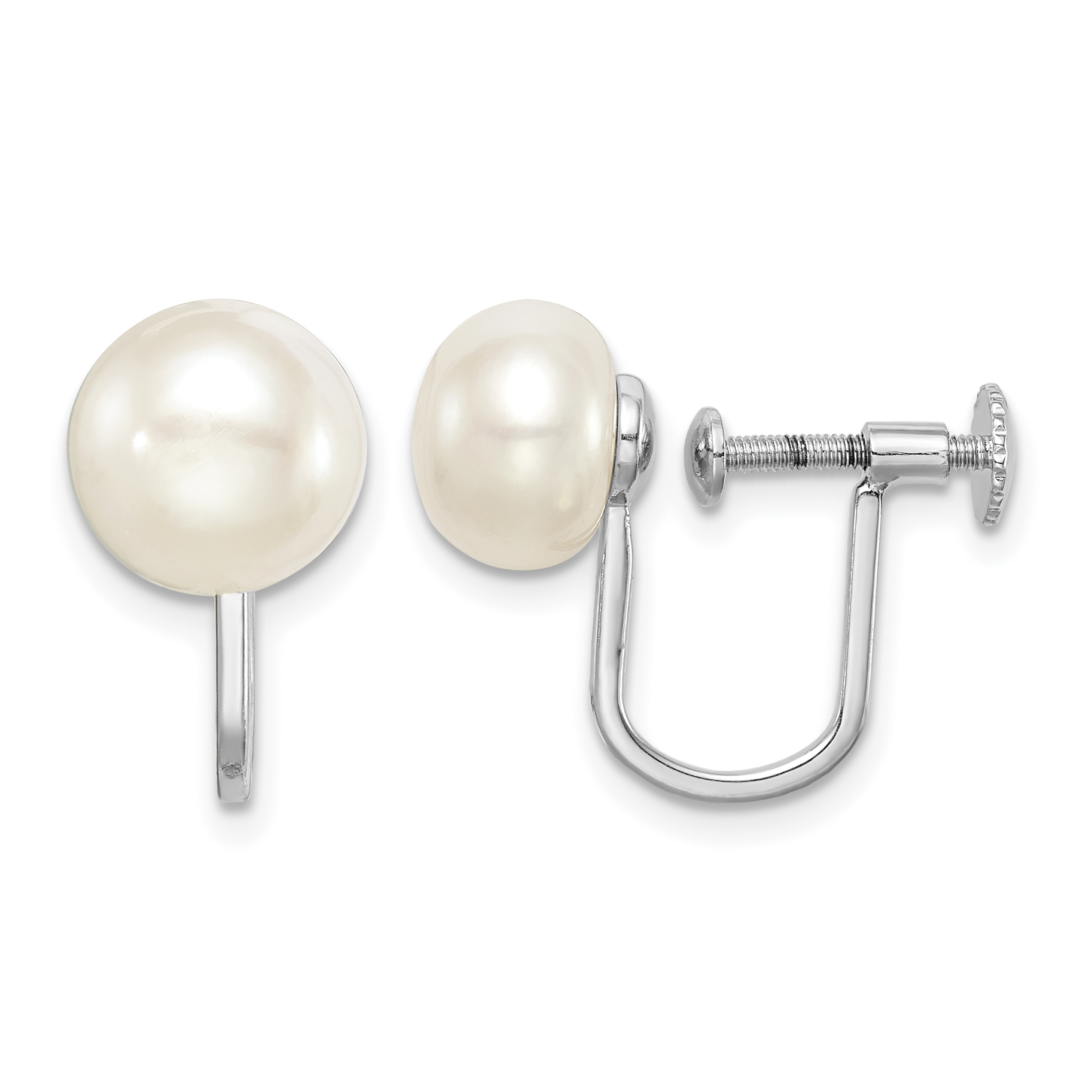 Sterling Silver Rhodium-plated 8-9mm White Button Freshwater Cultured Pearl Non Pierced Earrings (QE15420)