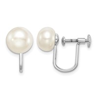 Sterling Silver Rhodium-plated 8-9mm White Button Freshwater Cultured Pearl Non Pierced Earrings view 1