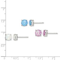 Sterling Silver Polished Pink, White & Blue 7mm Round Created Opal 3 Pair Set of Stud Earrings view 5