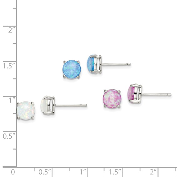 Sterling Silver Polished Pink, White & Blue 7mm Round Created Opal 3 Pair Set of Stud Earrings
