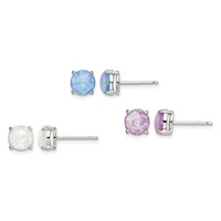 Sterling Silver Polished Pink, White & Blue 7mm Round Created Opal 3 Pair Set of Stud Earrings view 1