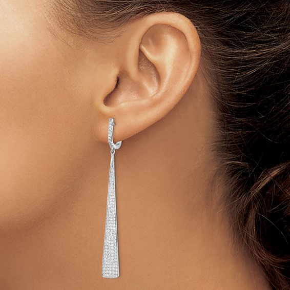 Sterling Shimmer Sterling Silver Rhodium-plated 228 Stone Pavé CZ Triangle Dangle Hinged Post Earrings