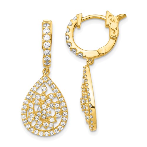 Sterling Shimmer Sterling Silver Gold-tone Flash Gold-plated 126 Stone CZ Teardrop Dangle Hinged Hoop Earrings