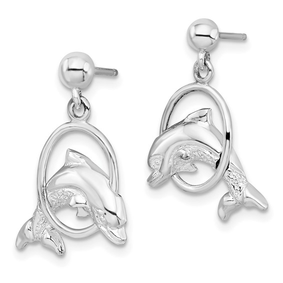 De-Ani Sterling Silver Rhodium-Plated Dolphin in Hoop Dangle Post Earrings