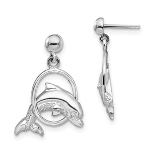 De-Ani Sterling Silver Rhodium-Plated Dolphin in Hoop Dangle Post Earrings