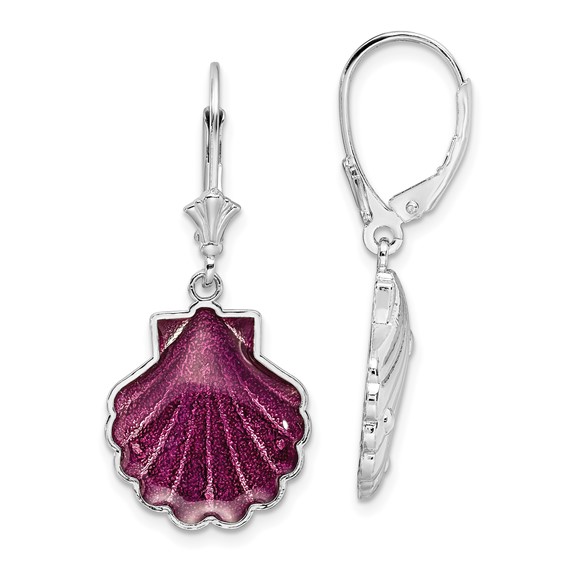 Sterling Silver Polished Enameled Scallop Shell Leverback Earrings