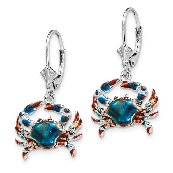 De-Ani Sterling Silver Rhodium-Plated Enameled Blue Crab Leverback Earrings
