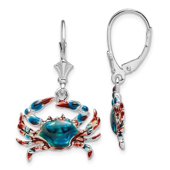 De-Ani Sterling Silver Rhodium-Plated Enameled Blue Crab Leverback Earrings