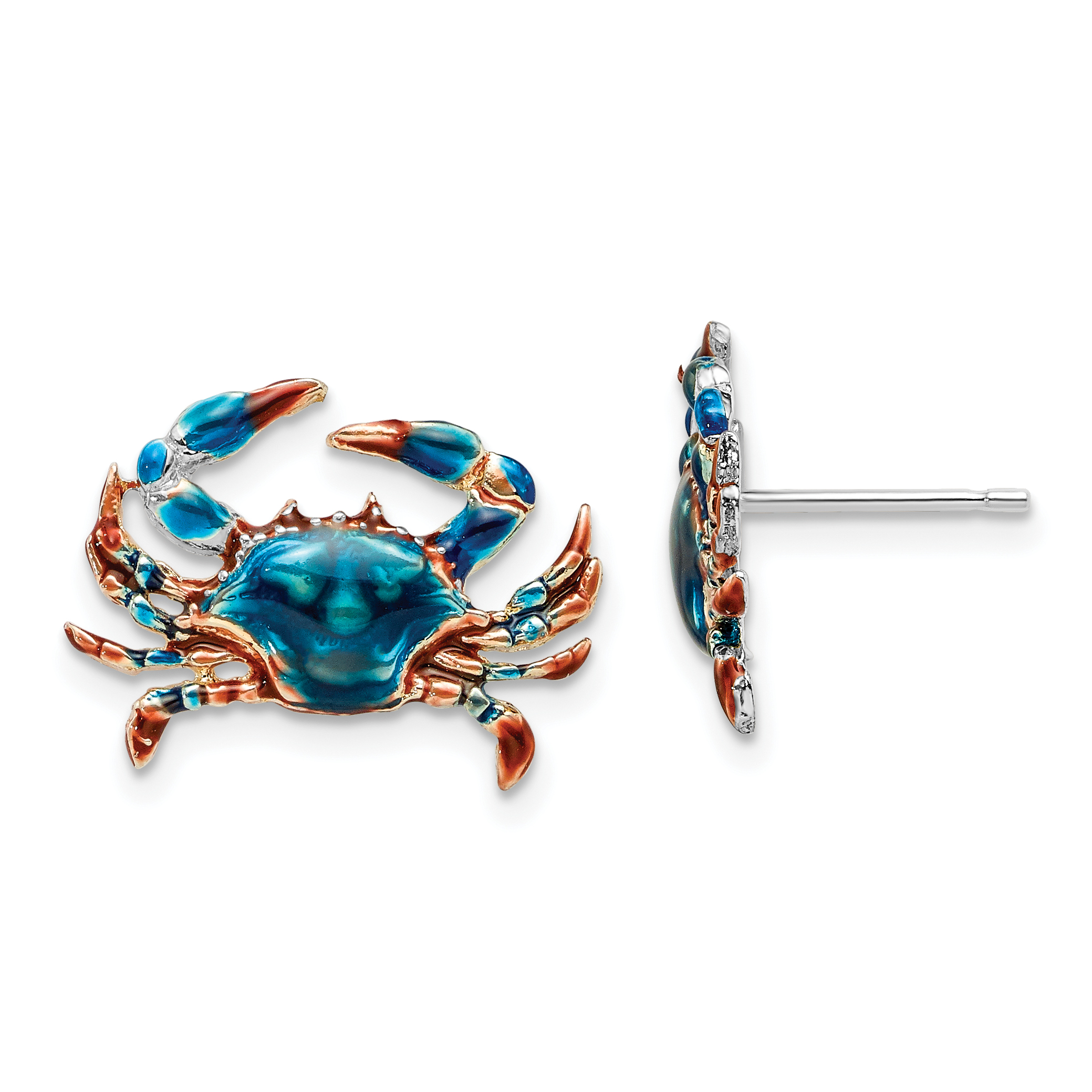De-Ani Sterling Silver Rhodium-Plated Polished Enameled Blue Crab Post Earrings (QE15531)