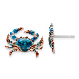 De-Ani Sterling Silver Rhodium-Plated Polished Enameled Blue Crab Post Earrings