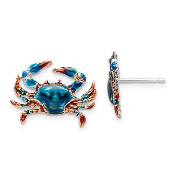 De-Ani Sterling Silver Rhodium-Plated Polished Enameled Blue Crab Post Earrings