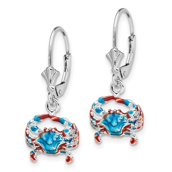 De-Ani Sterling Silver Rhodium-Plated Enameled Blue Crab Leverback Earrings