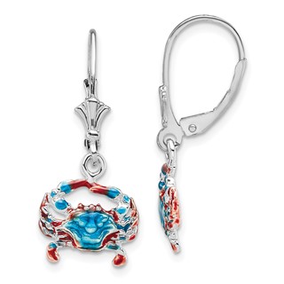 De-Ani Sterling Silver Rhodium-Plated Enameled Blue Crab Leverback Earrings