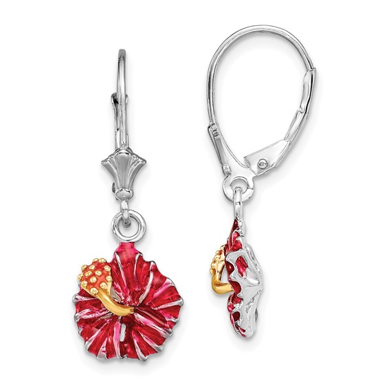 De-Ani Sterling Silver Rhodium-Plated Enameled Red Hibiscus Leverback Earrings