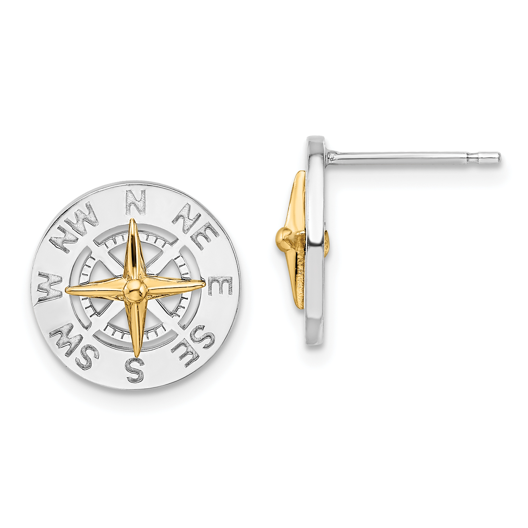De-Ani Sterling Silver Rhodium-Plated Mini Compass with 14k Needle Post Earrings (QE15541G)