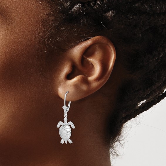 De-Ani Sterling Silver Rhodium-plated Polished 3D Moveable Turtle Leverback Earrings