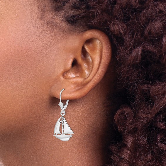 De-Ani Sterling Silver Rhodium-Plated Polished Sailboat Leverback Earrings