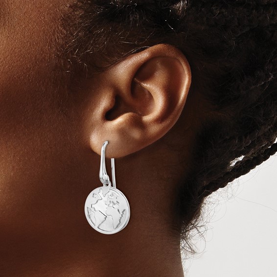 Sterling Silver Polished and Satin World Dangle Earrings