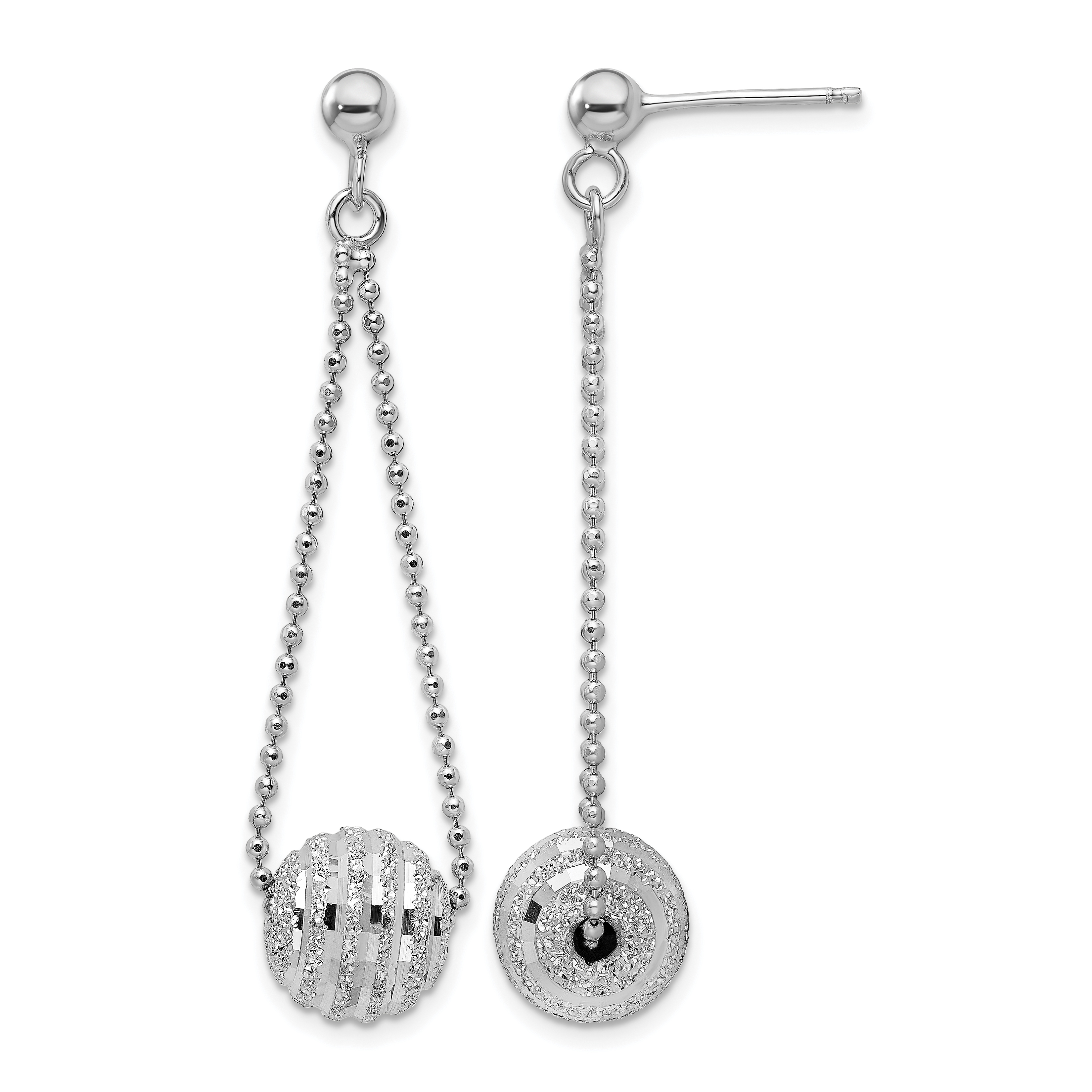 Sterling Silver Rhodium-plated Lasered Bead Chain Dangle Post Earrings (QE15644)