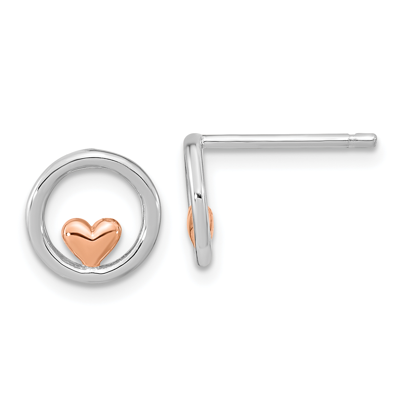 Sterling Silver RH-plated & Rose Gold-plated Circle w/Heart Post Earrings (QE15647)